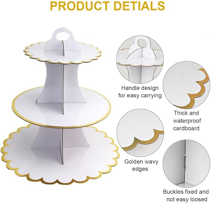 2 Pack Cardboard Cupcake Stand, 3 Tier Paper Cupcake Tower, Round Cake Display Rack Dessert Stand Pastry Holder for Christmas Wedding Anniversary Birthday Baby Shower Party (#A)