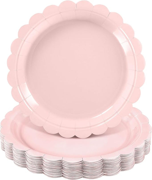 NatNarr 30 Pcs Pink Paper Plates 9 Inch Scalloped Pink Plates Cute Dessert Cake Party Plate for Girls Birthday, Baby Bridal Shower, Wedding