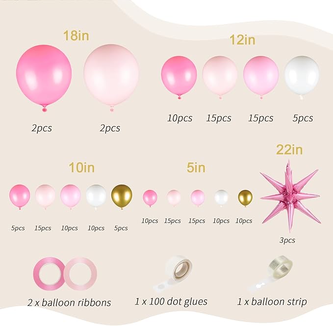 161pcs Pink Balloons Arch Kit, Pastel Macaron Pink and Gold White With 3pcs Starburst Foil Balloons for Birthday Baby Shower Bridal Shower Wedding Valentine’s Party Decorations