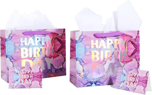 PARNOG 13" Large Happy Birthday Gift Bag with Tissue Paper and Card for Girls Kids Women Birthday（2PCS）