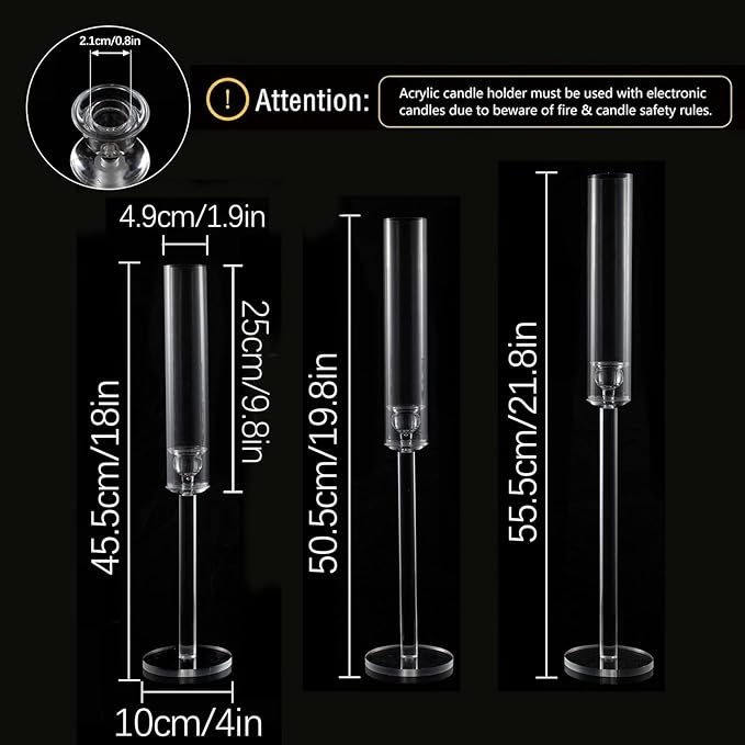 Vincidern 12pcs Taper Candle Holder Acrylic Candlestick Holder Clear Set for Table Centerpiece, Long Candle Stick Candle Stand Cylinder Shade for Wedding Party Dining Room Decor