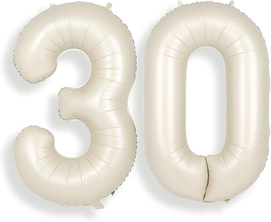SUWEN 40 Inch Large Cream White 30 Balloon Numbers Big Foil Helium Number Balloons 0-9 Jumbo Happy 30th Mylar Birthday Party Decorations for Women or Men Anniversary Party Supplies
