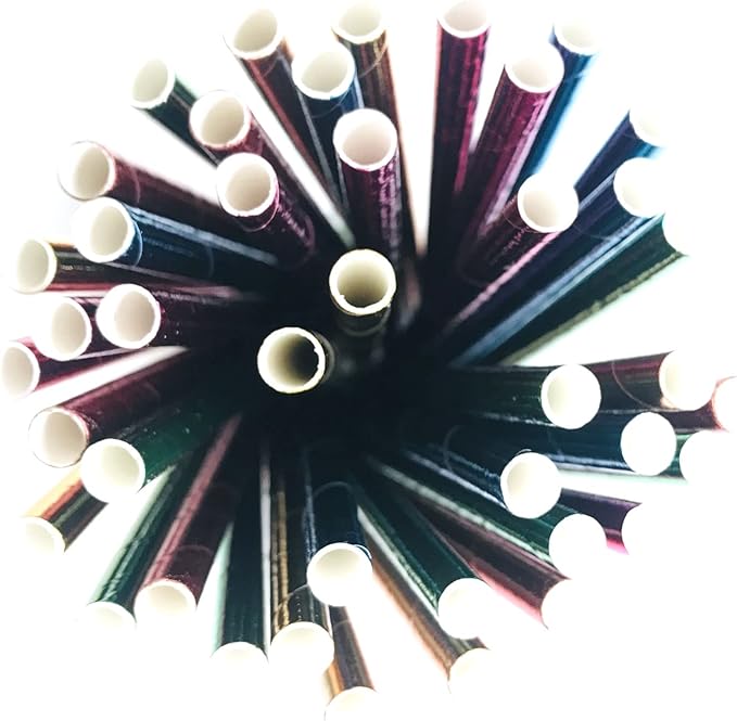 100 pcs Mixed Biodegradable Colorful Party Paper Straws, Colored Pure Plain Hot Pink Blue Red Green Foil Rainbow Drinking Straws Bulk, Holiday Birthday Wedding Cake Pop Sticks (Solid Metallic)