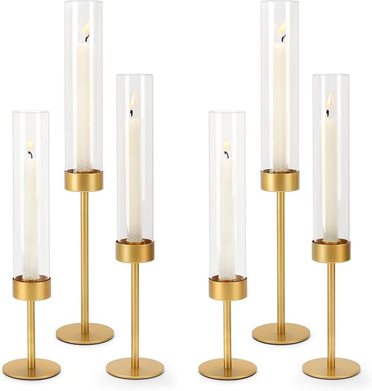 Glass Hurricane Candle Holders Set of 6-Gold Metal Base Taper Candle Stick Holders for CandlesticksHolder Decor, Elegant Dining Table Centerpiece for Wedding, Christmas & Home Decor