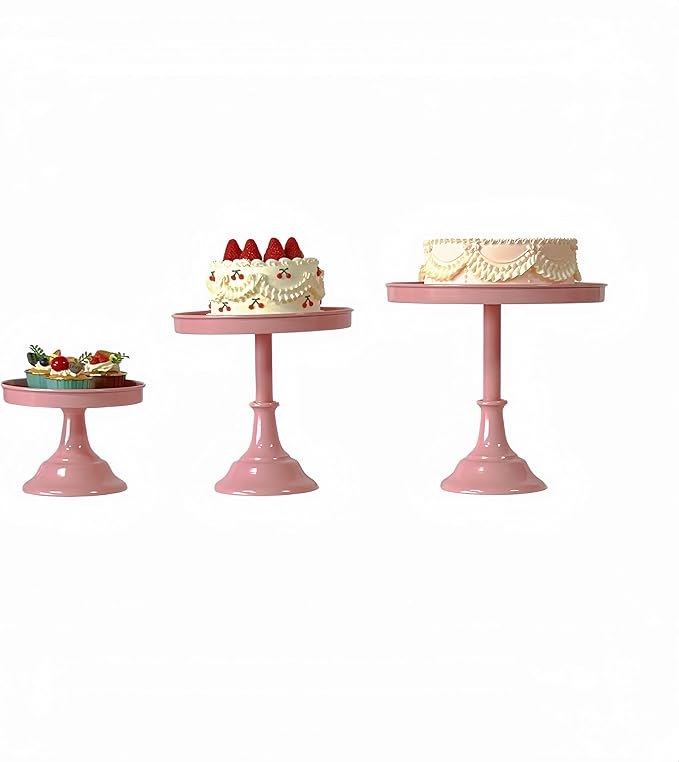 3 Pcs Metal Round Cake Stand Set 8“10”12" Cake Display Stand Dessert Cupcake Display Tray for Graduation,Wedding,Birthday,Party,Baby Shower,Anniversary,Ceremony,Christmas (Pink)