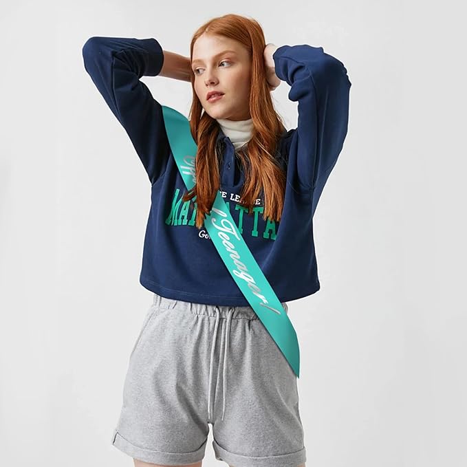 13th Birthday Sash, 'Official Teenager' Teal Silver Foil Sash for Girls' 13th Birthday Party Decorations, Ideal Girls' Gift