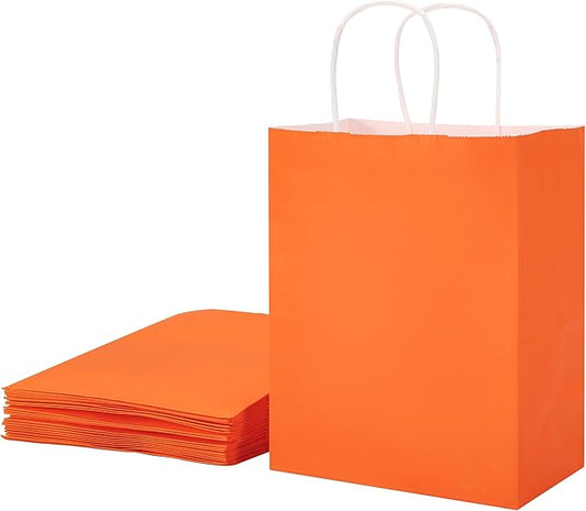 SUNCOLOR 25 Pack Orange Gift Bags with Handles – 8x4.5x10 Medium Bags for Shopping, Retail, DIY, Wedding, Party Favors & Special Occasions
