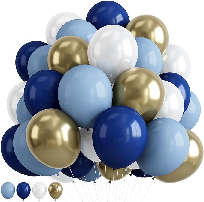 Retro Navy Blue Gold and White Balloons, 12inch Pastel Dark Light Blue White Latex Balloons with Metallic Chrome Gold Party Balloon for Boy Birthday Bridal Baby Shower Graduation Party Decorations