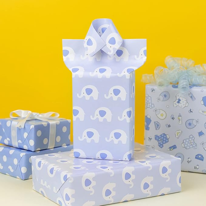 MAYPLUSS Blue Elephant Baby Shower Wrapping Paper - 17" X 120" Per Roll(3 Rolls) - Elegant Welcome Boy Elephant Theme Birthday Gift Wrap Sheet for Baby Shower, Celebration, Party, Newborn