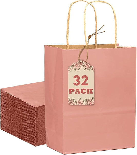 qiqee 32Pcs Small Size Light Pink Kraft Paper GIft Bags with Handles - 8.3"x6"x3.15" Kraft Small Party Bags