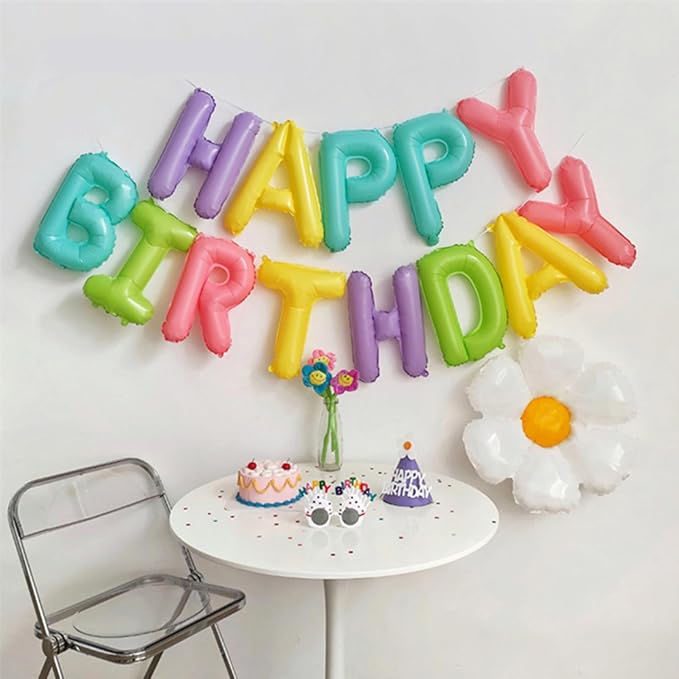 CANREVEL Happy Birthday Banner 13pcs 16 Inch Mylar Foil Letters with 5pcs Flowers Balloons Birthday Party Decorations for Kids and Adults - 3D Macaron