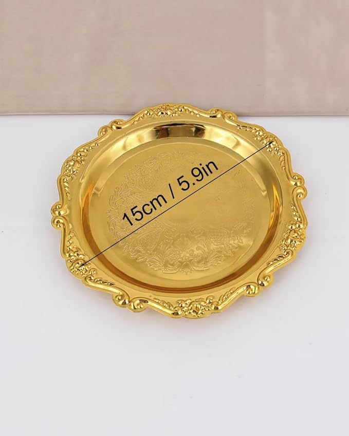 Round Decorative Tray 5.9in Metal Dessert Plates Vintage Coffee Table Tray for Snacks Fruit Gold