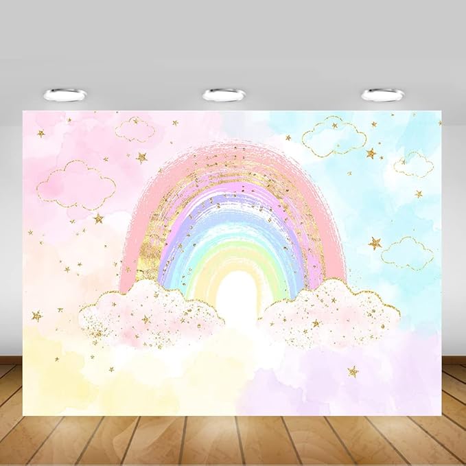 Mocsicka Rainbow Backdrop Colorful Rainbow Happy Birthday Party Decorations for Girl's Pastel Watercolor Birthday Cake Table Decor Party Supplies Photography Background (7x5ft (82x60 inch))