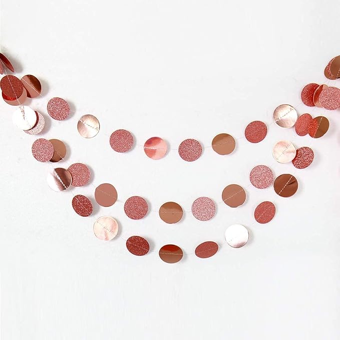 Decor365 Rose Gold Glitter Dot Garland Birthday Party Decorations Circle Streamers Banner Backdrop for Weddings Baby Showers Bridal Showers Gender Reveals Engagements Graduation Parties Decor