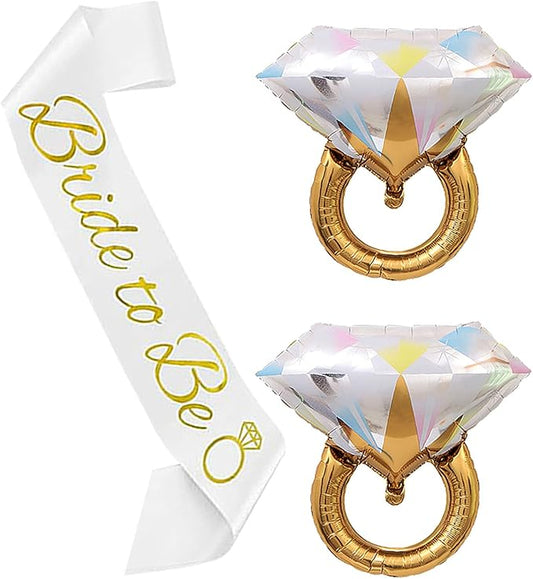 Bride Sash Bachelorette Bride To Be Sashes with 2PCS 26in Diamond Ring Foil Balloons Decorations for Bachelorette Bridal Shower Engagement Wedding Party