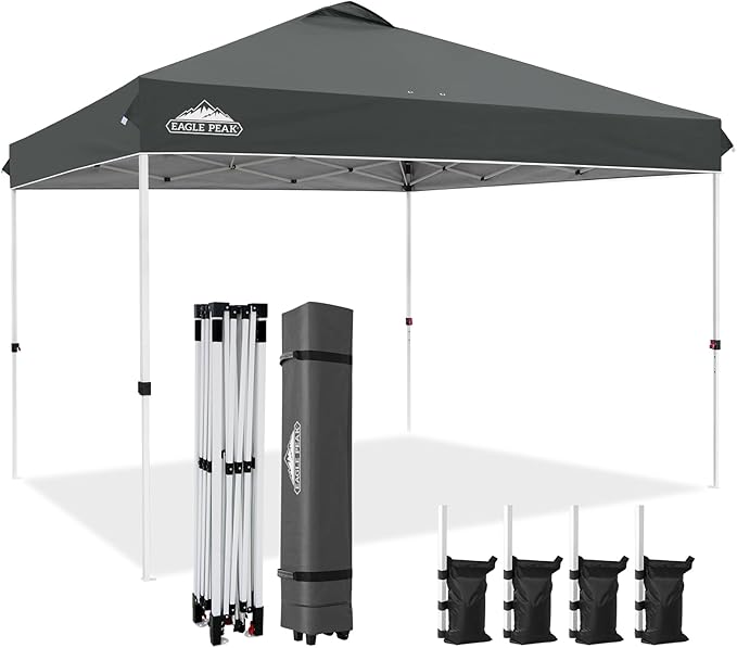 EAGLE PEAK Pop Up Canopy Tent with Wheeled Carry Bag, 8 Stakes, 4 Ropes, 4 Weight Bags, Easy Set Up Tent Canopy, 12x12 ft, 144sqft of Shade, Gray