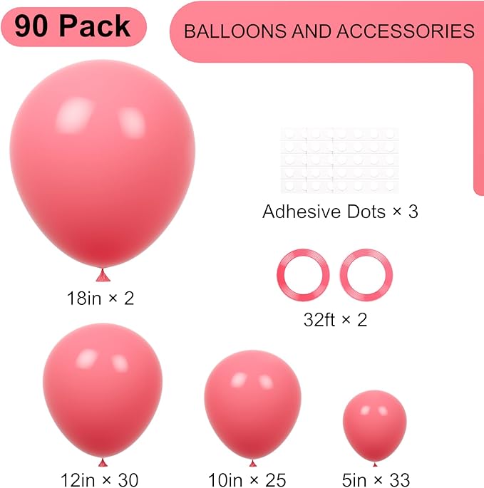 Voircoloria 90pack Retro Hot Pink Balloons Different Size 18/12/10/5 Inch Retro Hot Pink Balloon Garland Arch Kit for Graduation, Wedding, Birthday, Princess Theme Party, Valentine's Day Decorations