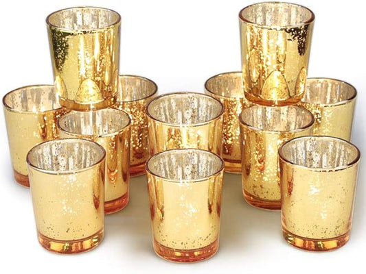 Volens Gold Votive Candle Holders Bulk, Mercury Glass Tealight Candle Holder Set of 12 for Wedding Decor and Home Decor