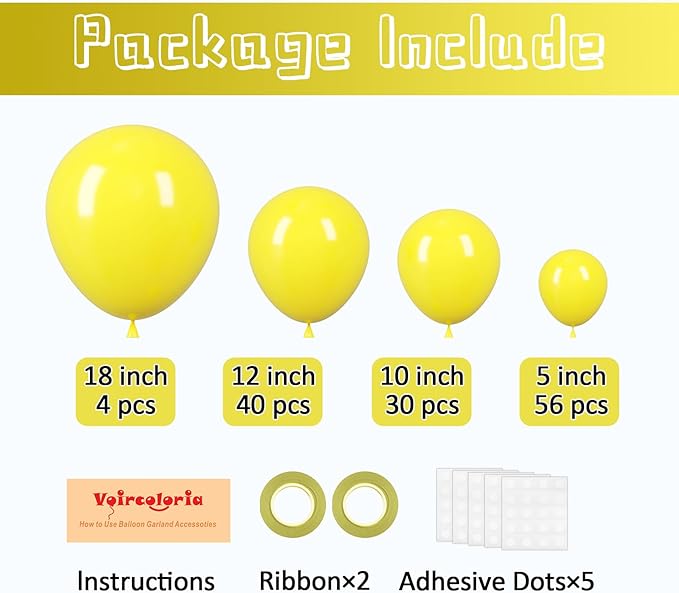 Voircoloria 130pcs Yellow Balloons Different Sizes 18" 12" 10" 5" Party Latex Balloons for Boys Girls Birthday Baby Shower Gender Reveal Wedding Sunflower Party Decorations