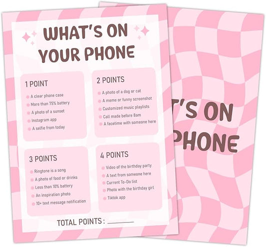 Birthday Party Games Cards - What's On Your Phone, Pink Bday Party Games for Teen Girl Adult, Set of 20 pcs Cards, Birthday Party Favor Activity Sleepover Party Decor Supplies - FS265