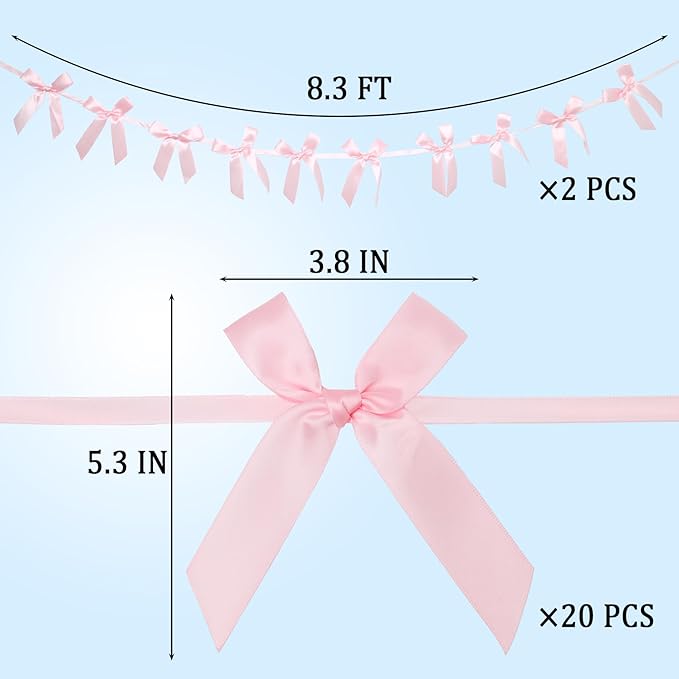2pcs Pink Bow Garland Banner - 8.3 Feet Coquette Ribbon Bow Party Decorations for Baby Shower Girls, Birthday Party, Bridal Shower Decor (Pink)