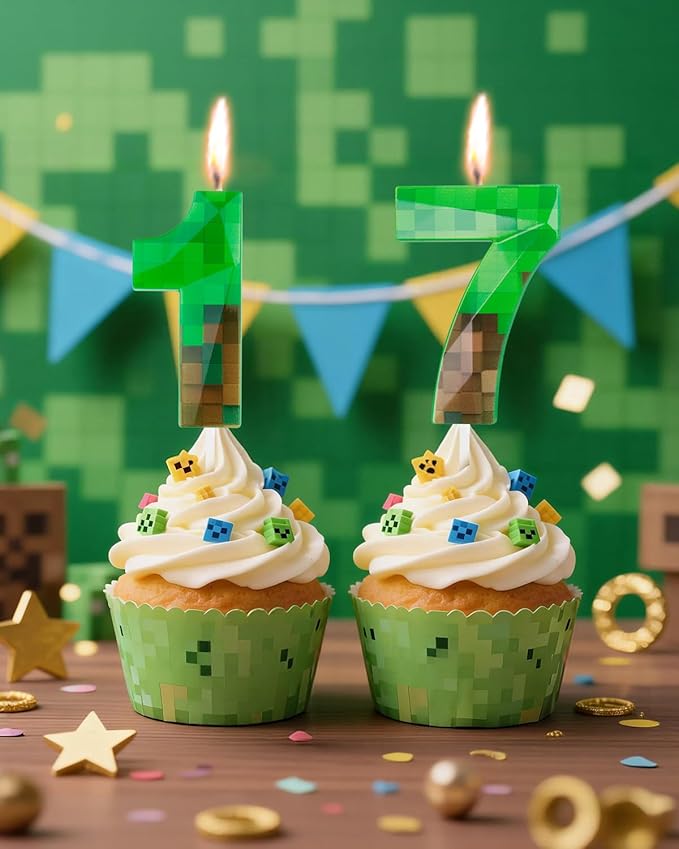 Pixel Birthday Candle, 2.68 Inch Miner Number Candles, Game Themed Candle Birthday Decoration for Pixel Theme Birthday Anniversary Dynamite Video Game Party (Green, 17)