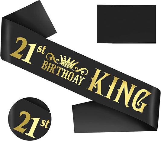 21st King Sash, Funny Black and Gold Foil Birthday Sash, Great for Men's 21st Birthday Parties, Large Size (35.4x3.74 inch)