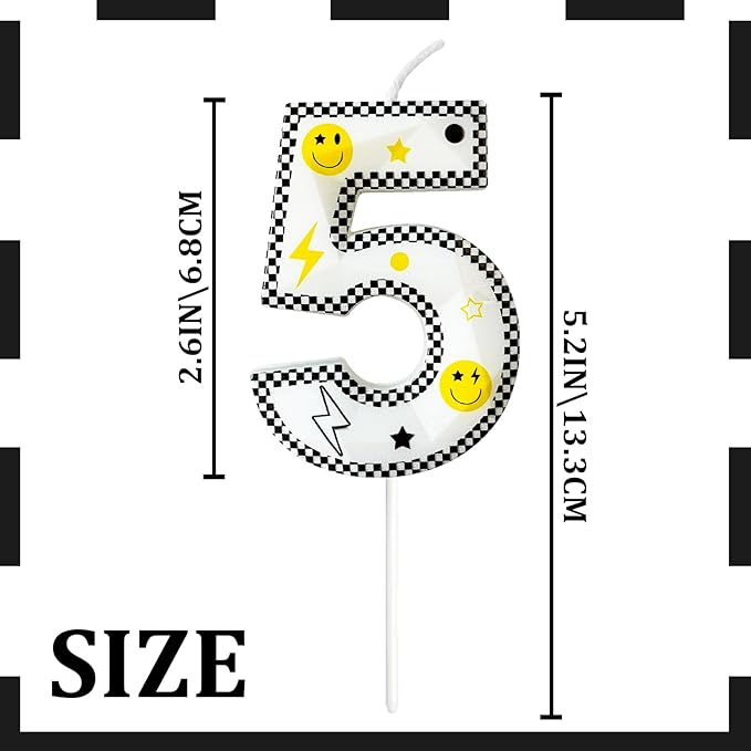 Number 5 Birthday Candle for Cake – 2.7 Inch Large Size Black White Checkered Smiley Design with Lightning & Star – five Happy Dude Theme Cake Topper Decoration