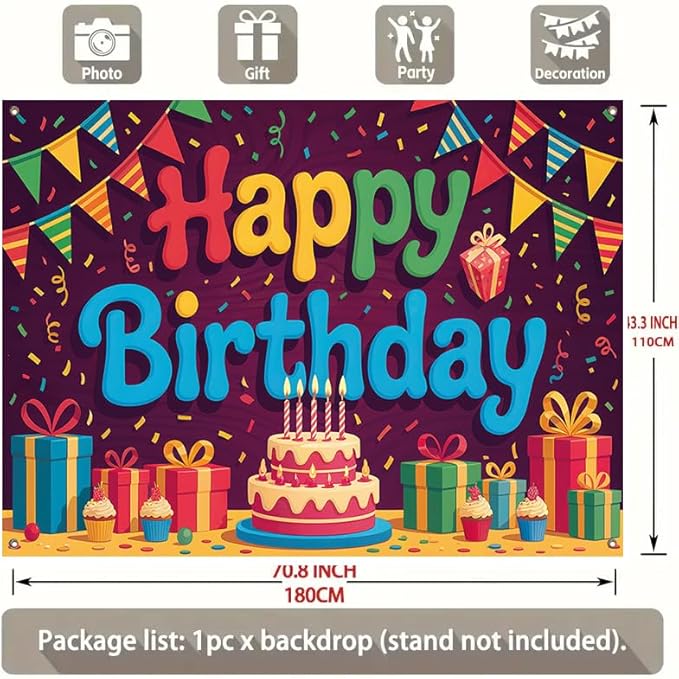 Happy Birthday Banner Colorful Party Decoration Banner 71 x 43 Inch Birthday Celebration Backdrop Wall Hanging Decoration Indoor Party Display