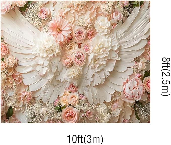 Kate 10x8ft Pink Flowers Wall White Angel Wings Princess Photography Backdrops Girl Portrait Background