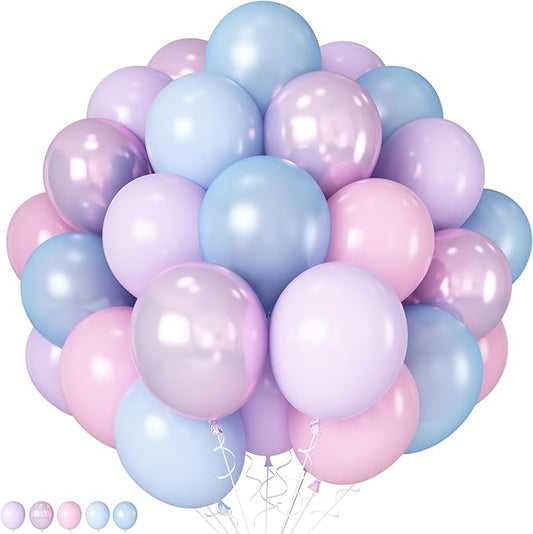 HILAVO Pink Purple Blue Balloon 60Pcs 12 Inch Metallic Pastel Balloon Iridescent Pearl Pink Blue Purple Party Balloons for Girls Mermaid Snowflake Princess Birthday Baby Shower Party Decoration