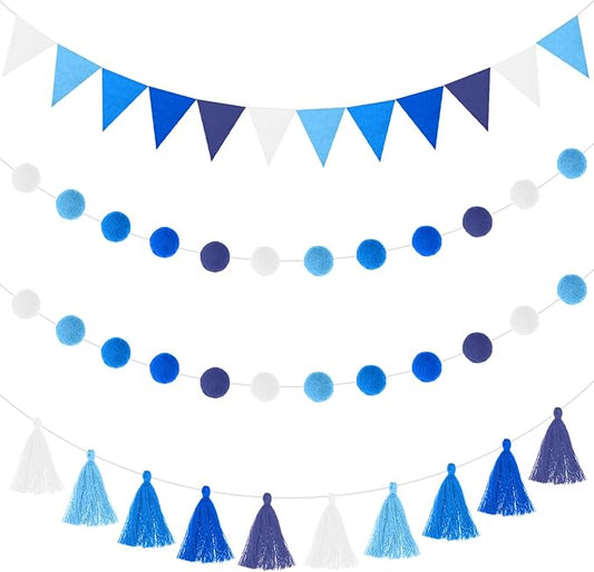 Irenare 9.8 ft Pom Pom Garland Felt Rainbow Garland 2026 Graduation Party Decoration Colorful Pennant Tassel Banner Back to School Birthday Triangle Banner for Classroom School Mantel(Blue)