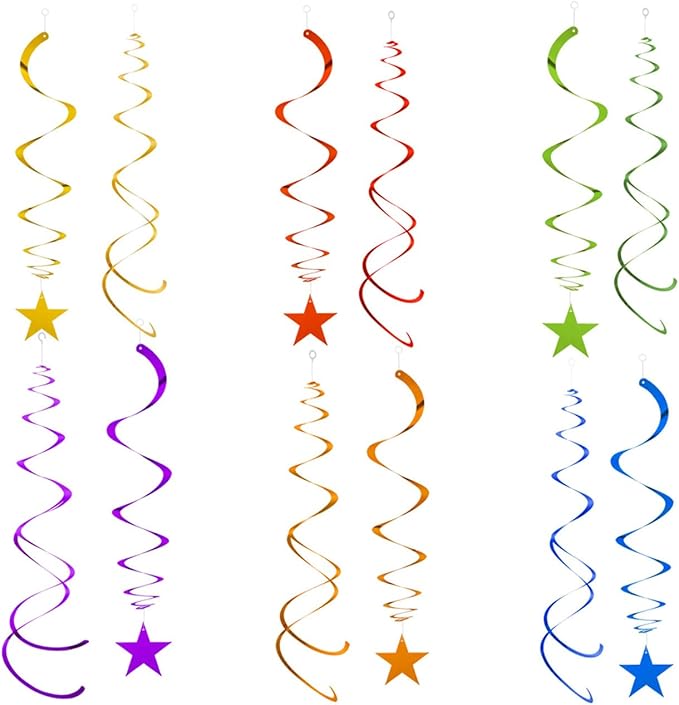 GAKA Rainbow Foil Hanging Ceiling Swirls Garland,Colourful Star Swirl Streamer Decorations for Birthday,Anniversary,Graduation Party Supplies(24Pcs)