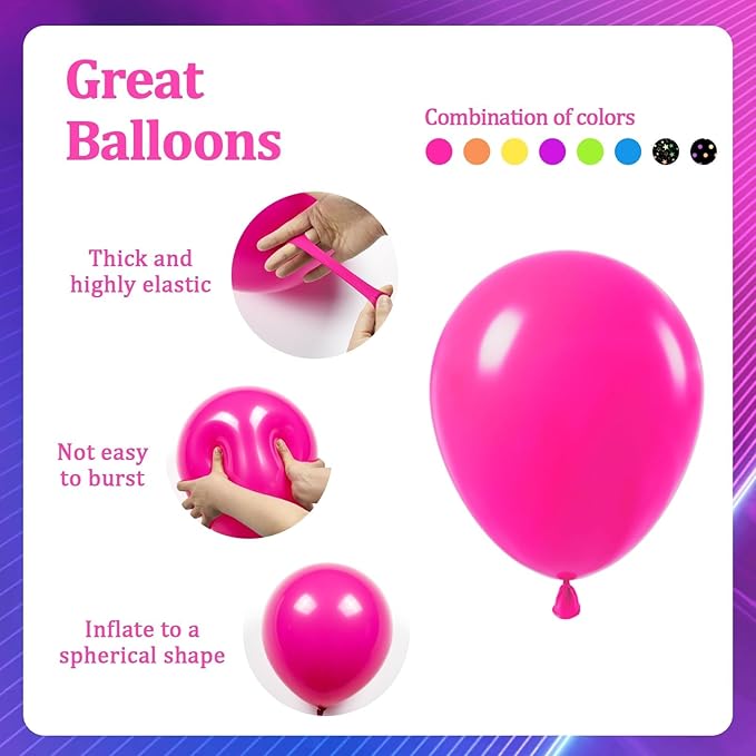 60pcs Neon Balloons 12inch, Yellow Hot Pink Lime Green Orange Blue Purple Rainbow Balloons for 80s 90s Neon Birthday Party Decorations