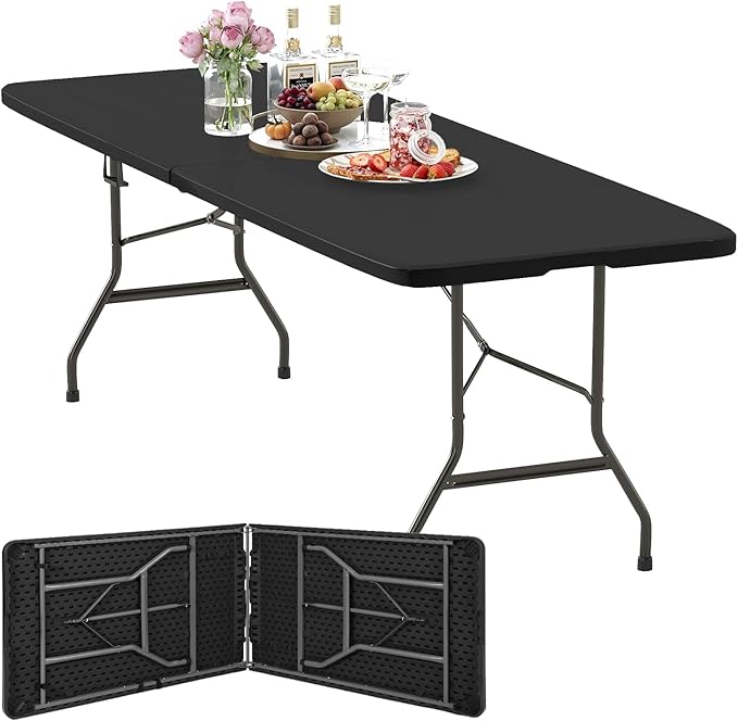 FDW 8FT Folding Table, Portable Fold-in-Half Plastic Picnic Party Table with Carrying Handle (Black, 8FT)