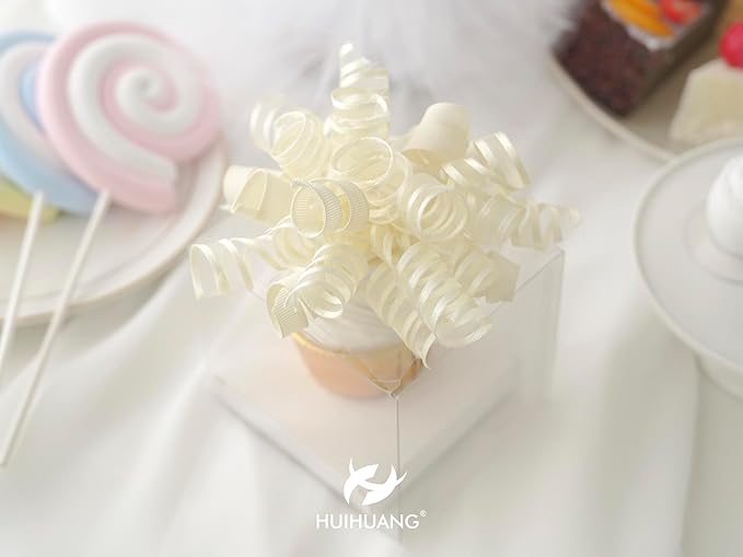 HUIHUANG Gift Wrapping Bows Gift Wrap Accessory Ivory Curly Ribbon Bow 5 inch x 8 Counts Stick On Bows for Presents, Paper Bag, Party Favors, Bridal Shower Wedding Decoration