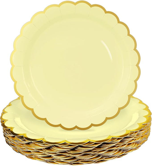 HEIPINIUYE 50 Pieces Yellow Paper Plates with Gold Foil 9 Inch Disposable Yellow Scalloped Dinner Plates for Wedding Baby Shower Birthday Party