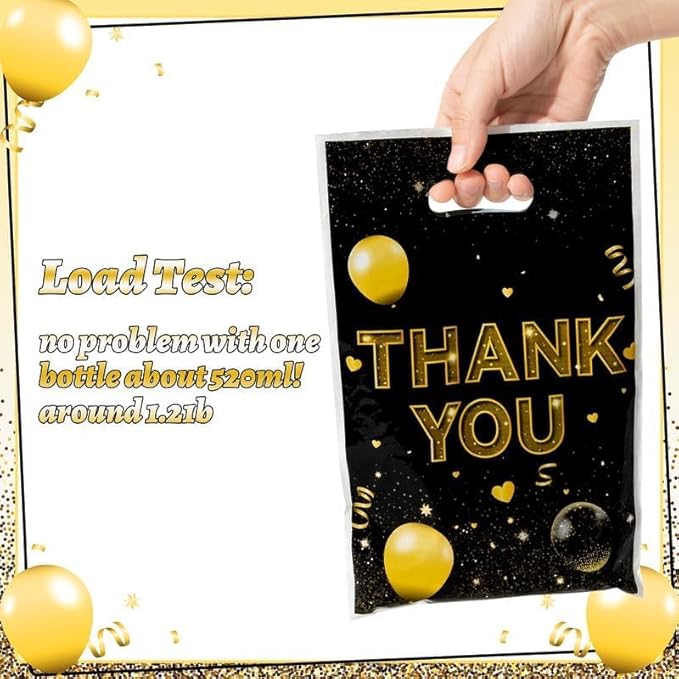 ANGOLIO Birthday Treat Party Bags - 50Pcs Black and Gold Party Favors Bags Print Easter Black Gold Balloon with Handles Plastic Gifts Bags Thank You Birthday Snack Bags Happy Party Favor Supplies