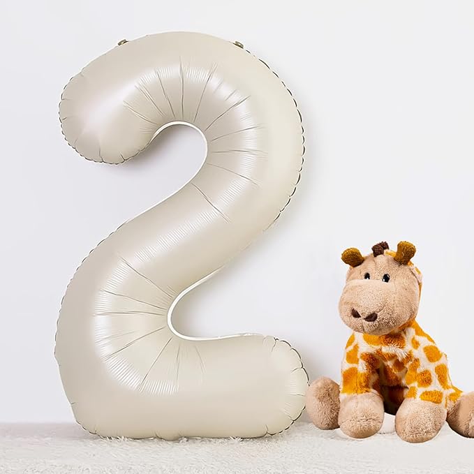 40 Inch Beige Number 2 Balloons for 2nd Birthday Decorations Boys Girl, Giant Self-Sealing Cream Foil Number 0-10 White Sand Balloon for Women Men Party Anniversary Baby Shower Supplies