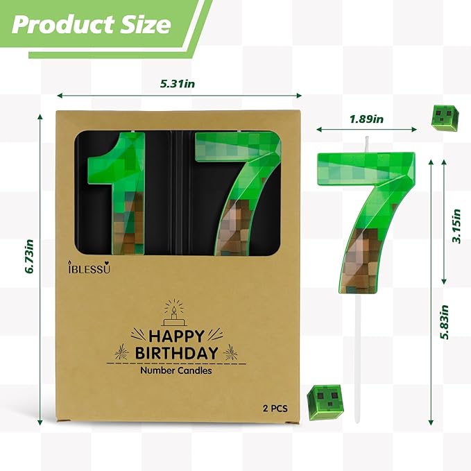 Pixel Birthday Candle, 2.68 Inch Miner Number Candles, Game Themed Candle Birthday Decoration for Pixel Theme Birthday Anniversary Dynamite Video Game Party (Green, 17)