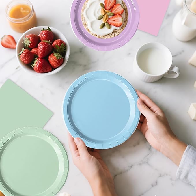 Oigco 60 PCS Pastel Paper Plates and Napkins, Pastel Party Decorations, Rainbow Paper Plates for Colorful Birthday Baby Shower Wedding