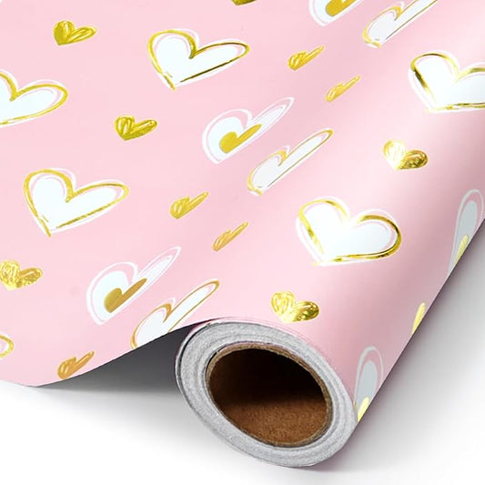 WERNNSAI Pink Heart Wrapping Paper Roll - 1 Roll 17”x 33 ft Metallic Foil Love Gift Wrap Girls Heart Wrapping Paper for Kids Birthday Mothers Day Valentine Party Wrap Supplies