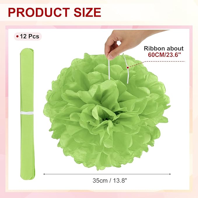 PATIKIL 14inch Tissue Paper Pom Poms, 12PCS Pom Poms Paper Flowers Ball Tissue Paper Flowers for Wedding Bridal Shower Birthday Bachelorette Party Backdrop Decoration, Light Green