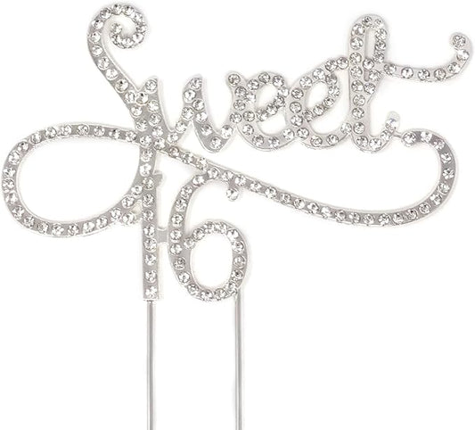 Honbay Sweet 16 Cake Topper Premium Sparkly Crystal Rhinestones Cake Topper Cake Decoration for 16th Birthday Party (Silver)