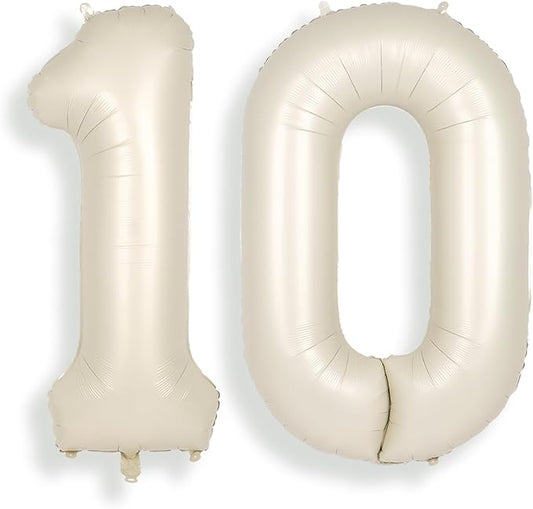 SUWEN 40 Inch Cream White Large 10 Balloon Numbers Big Foil Helium Number Balloons 0-9 Jumbo Happy 10th Mylar Birthday Party Decorations for Boy or Girl Anniversary Party Supplies