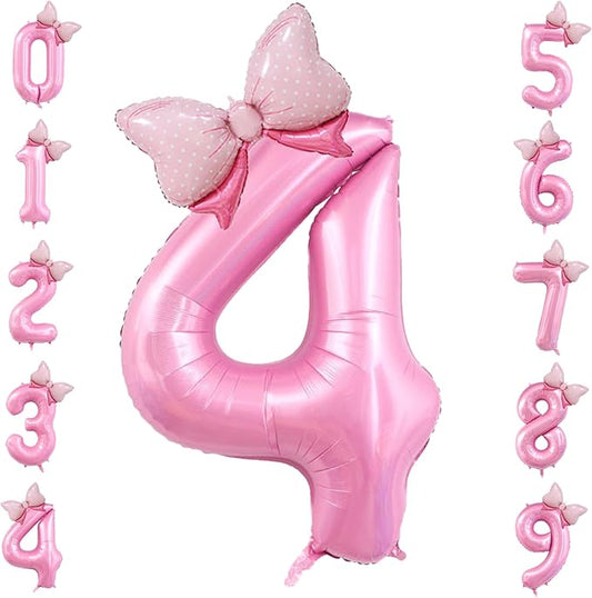 40 inch Number 4 Balloon with Bow Pink Happy Birthday Jumbo Number Balloon for Girls Daughter Birthday Decorations Party Supplies (Number 4)