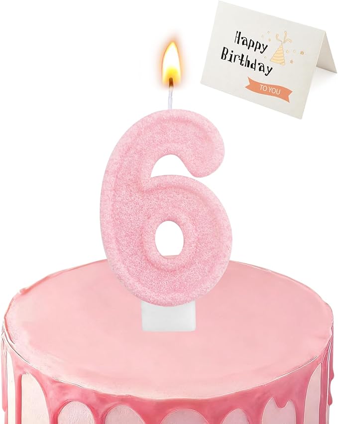 Birthday Candles for Cake, Pink Number Candles, Cake Candles with Greeting Card for Birthday Party Wedding Anniversary Celebrations (Bright Pink 6 Candle)