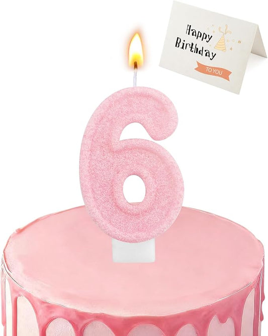 Birthday Candles for Cake, Pink Number Candles, Cake Candles with Greeting Card for Birthday Party Wedding Anniversary Celebrations (Bright Pink 6 Candle)