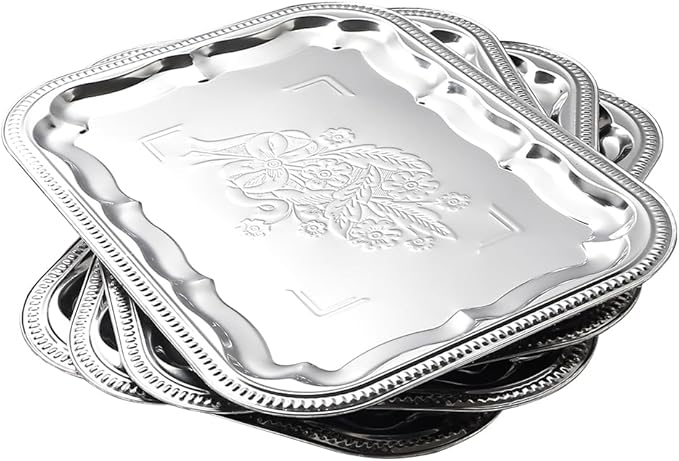 4-Pack 15.7" x 11.8" Silver Serving Trays for Party Set - Floral Engraved Serving Platters, Wedding Birthday Mirror Tray for Summer BBQ, Food, Appetizer, Charcuterie, Cookies, Desserts