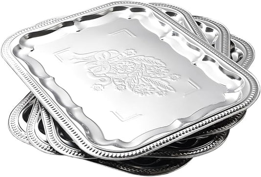 4-Pack 15.7" x 11.8" Silver Serving Trays for Party Set - Floral Engraved Serving Platters, Wedding Birthday Mirror Tray for Summer BBQ, Food, Appetizer, Charcuterie, Cookies, Desserts
